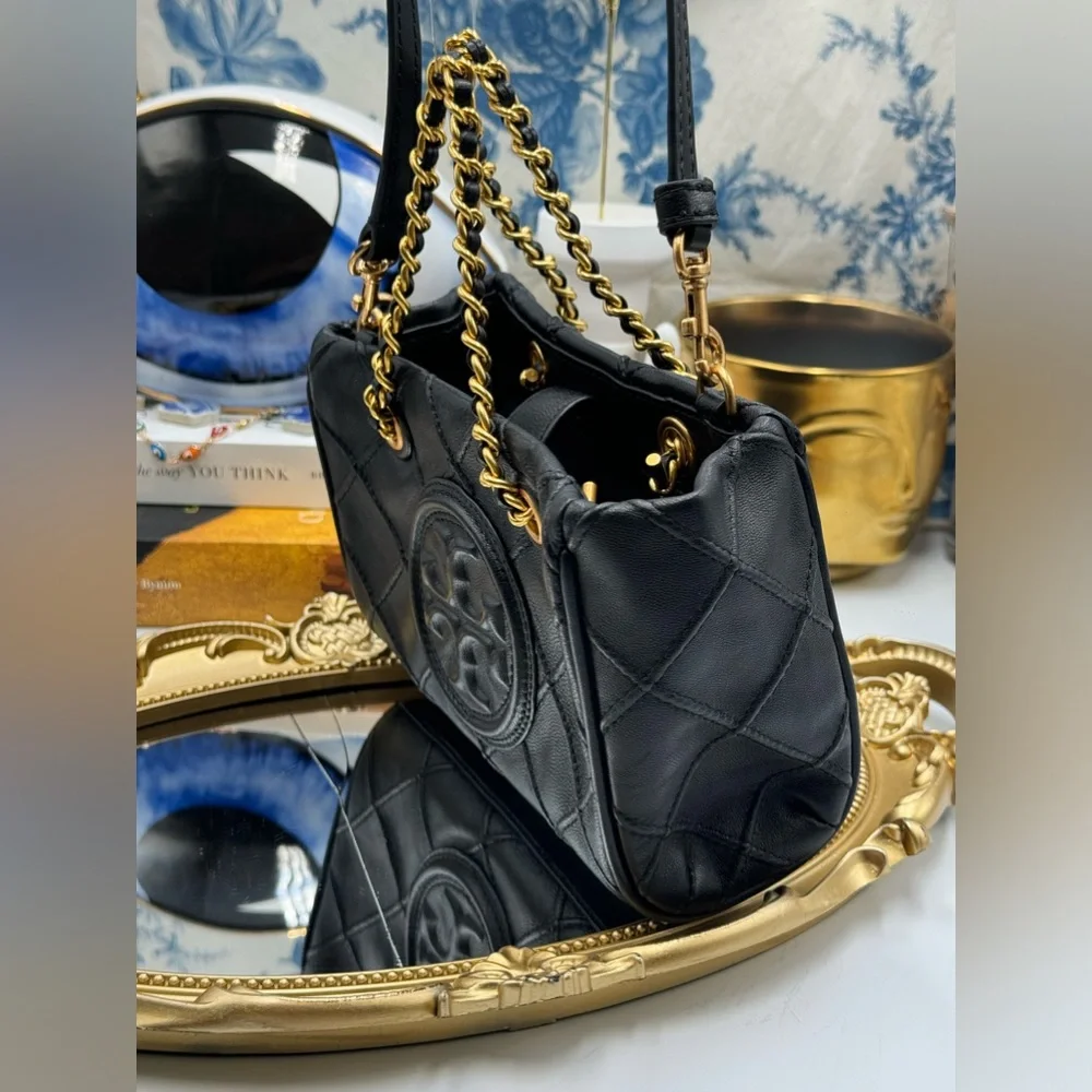 🆕 TORY BURCH 🧿 NWT Mini Fleming Soft Chain Tote - Black Leather -AUTHENTICATED